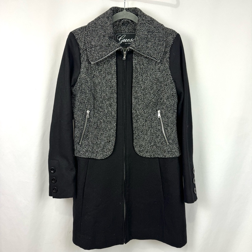 Guess Women’s Sz L Wool-Blend Tweed Moto Zip Pleated Midi Pea Coat Black / Grey
